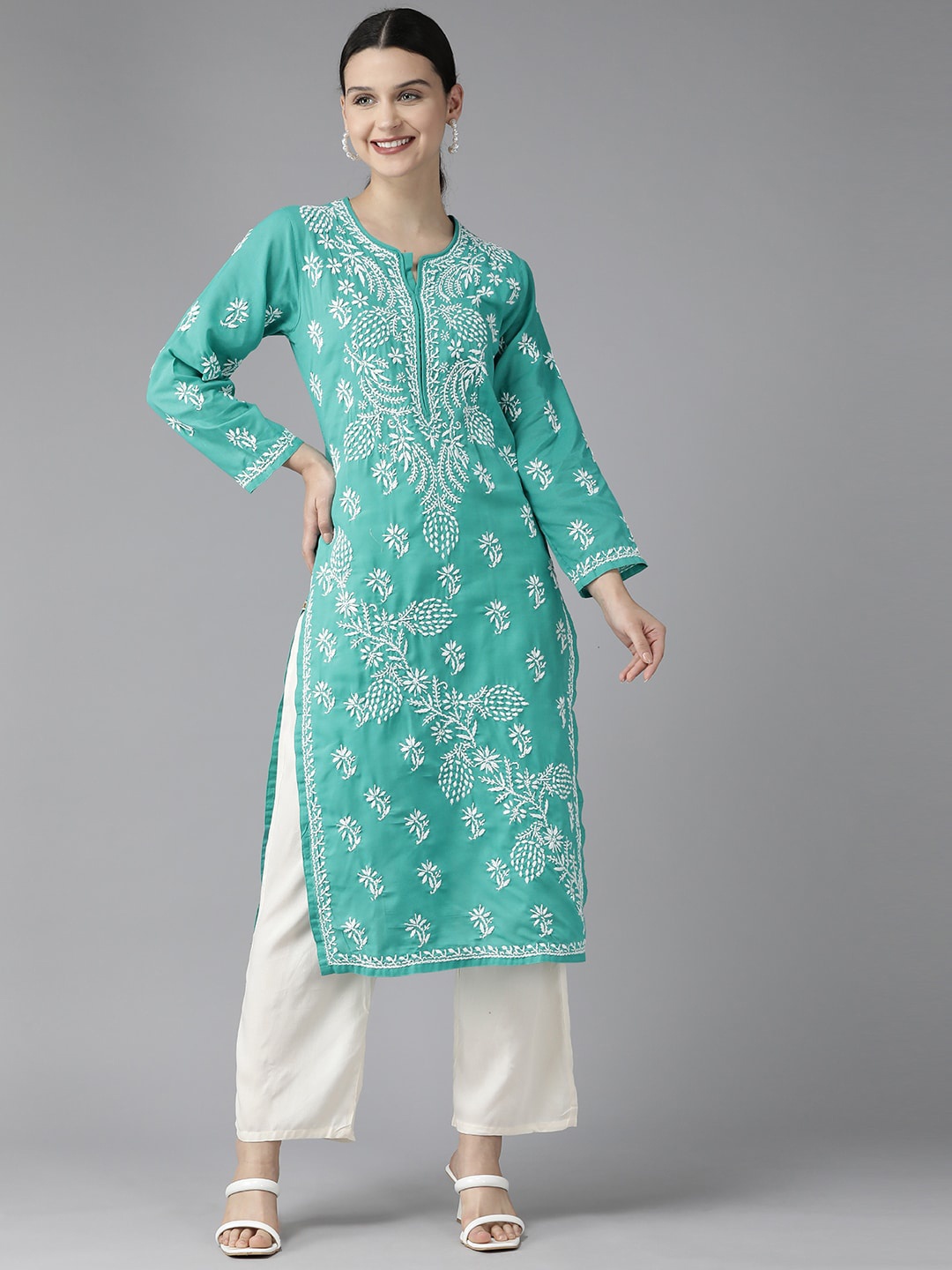 

ADA Floral Embroidered Chikankari Kurta, Green