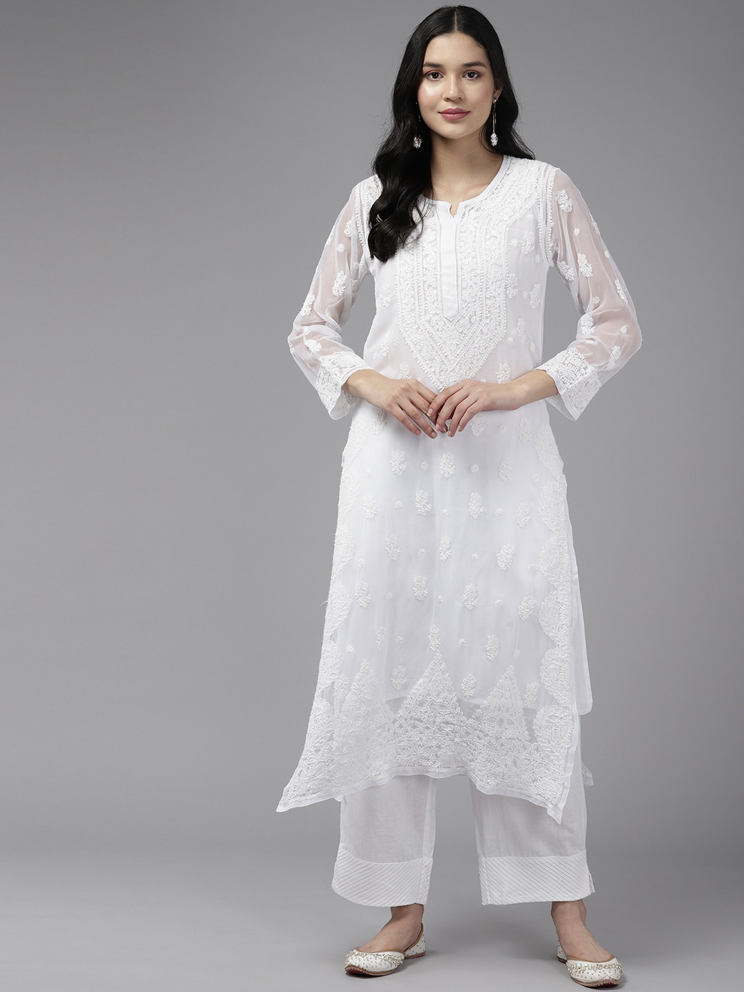 

ADA Chikankari Embroidered Straight Kurta With Slip, White