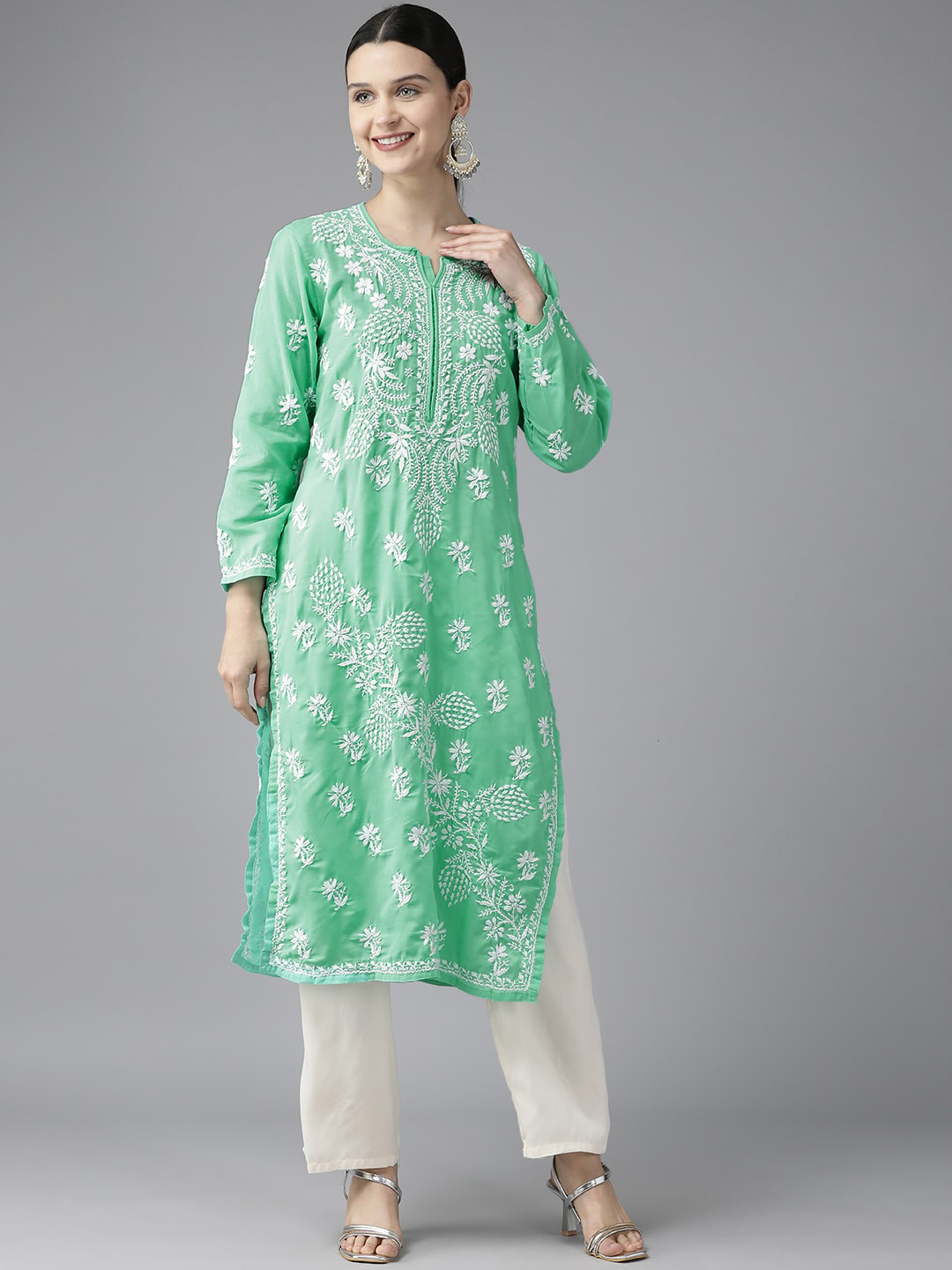 

ADA Ethnic Motifs Embroidered Round Neck Chikankari Cotton Kurta, Green