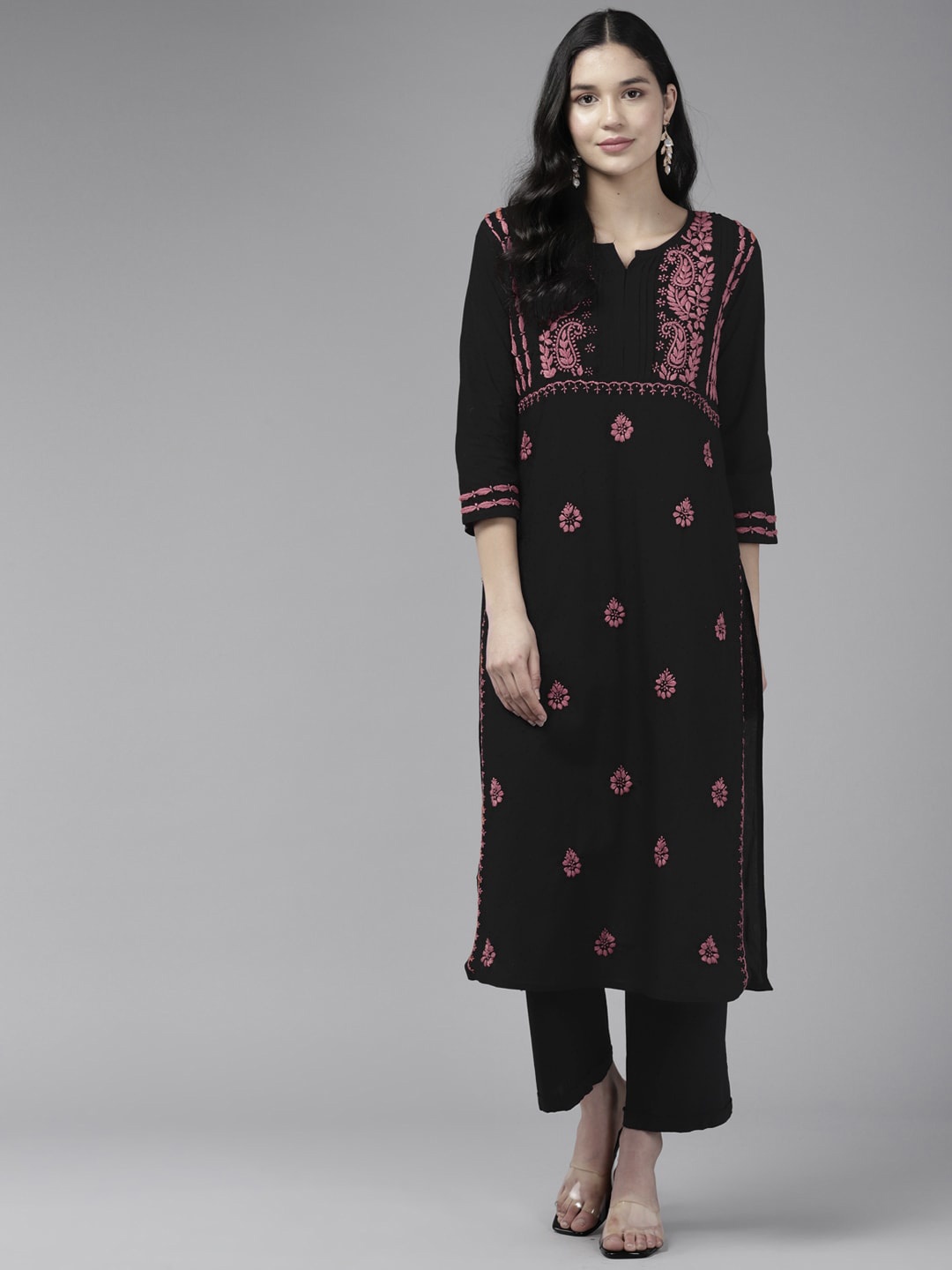 

ADA Ethnic Motifs Embroidered Round Neck Chikankari Cotton Kurta, Black