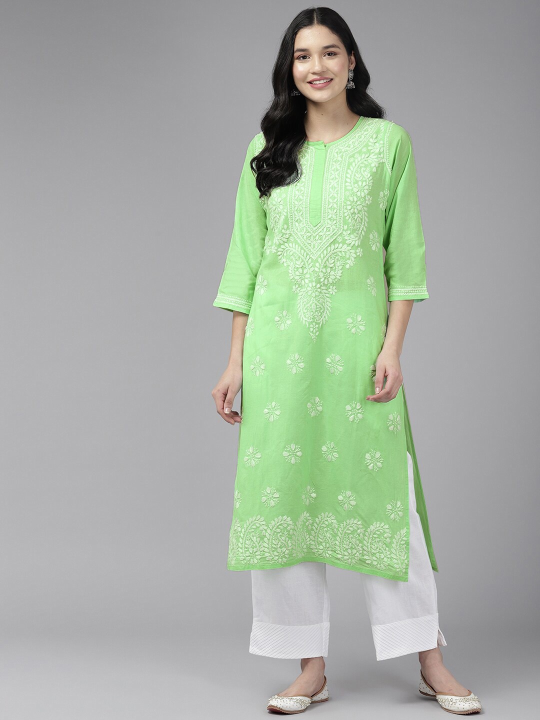 

ADA Ethnic Motifs Embroidered Round Neck Chikankari Cotton Kurta, Green