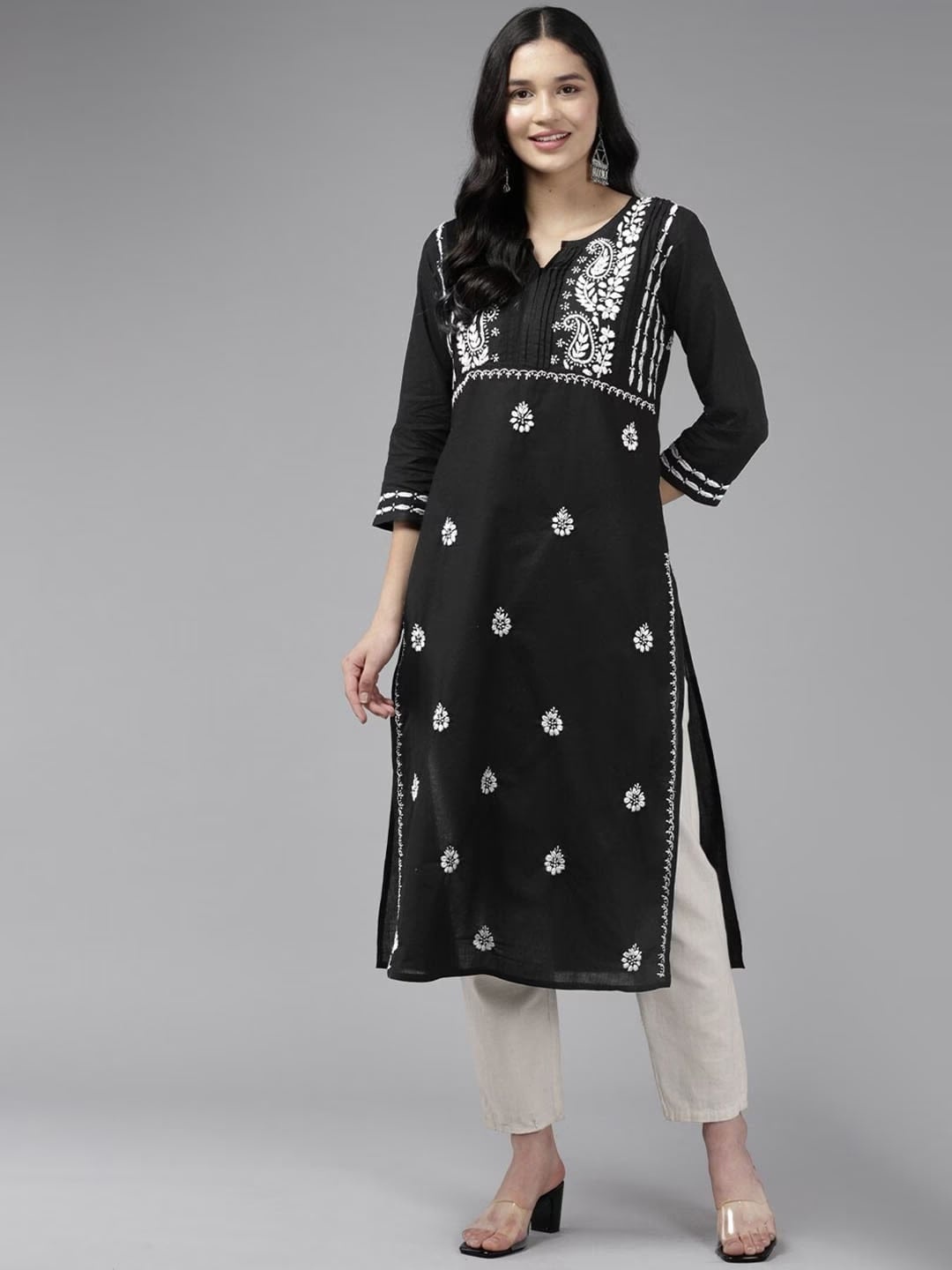 

ADA Ethnic Motifs Embroidered Chikankari Cotton Straight Kurta, Black