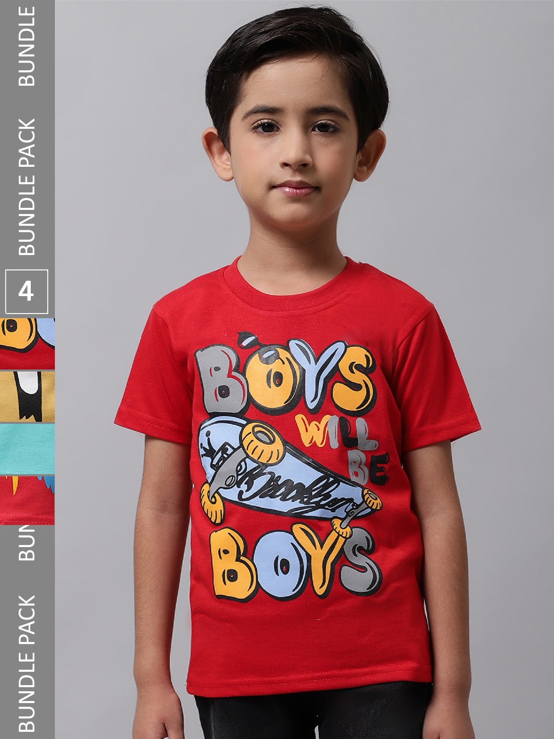 

BAESD Boys Pack Of 4 Graphic Printed Cotton T-shirts, Red