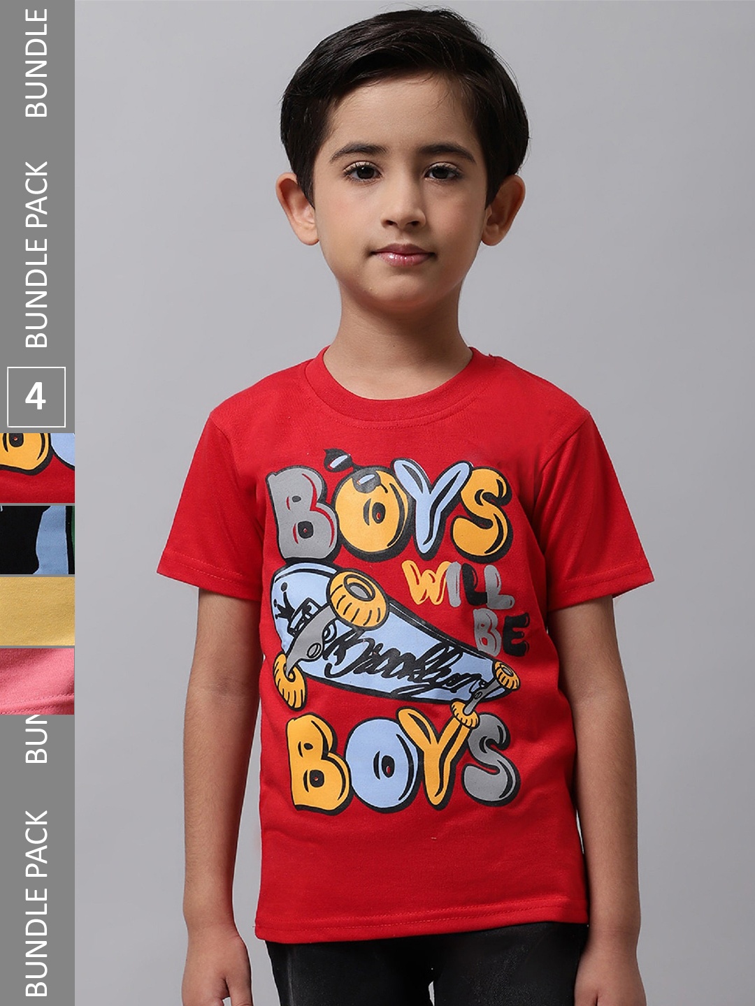 

BAESD Boys Pack Of 4 Graphic Printed Cotton T-shirts, Red