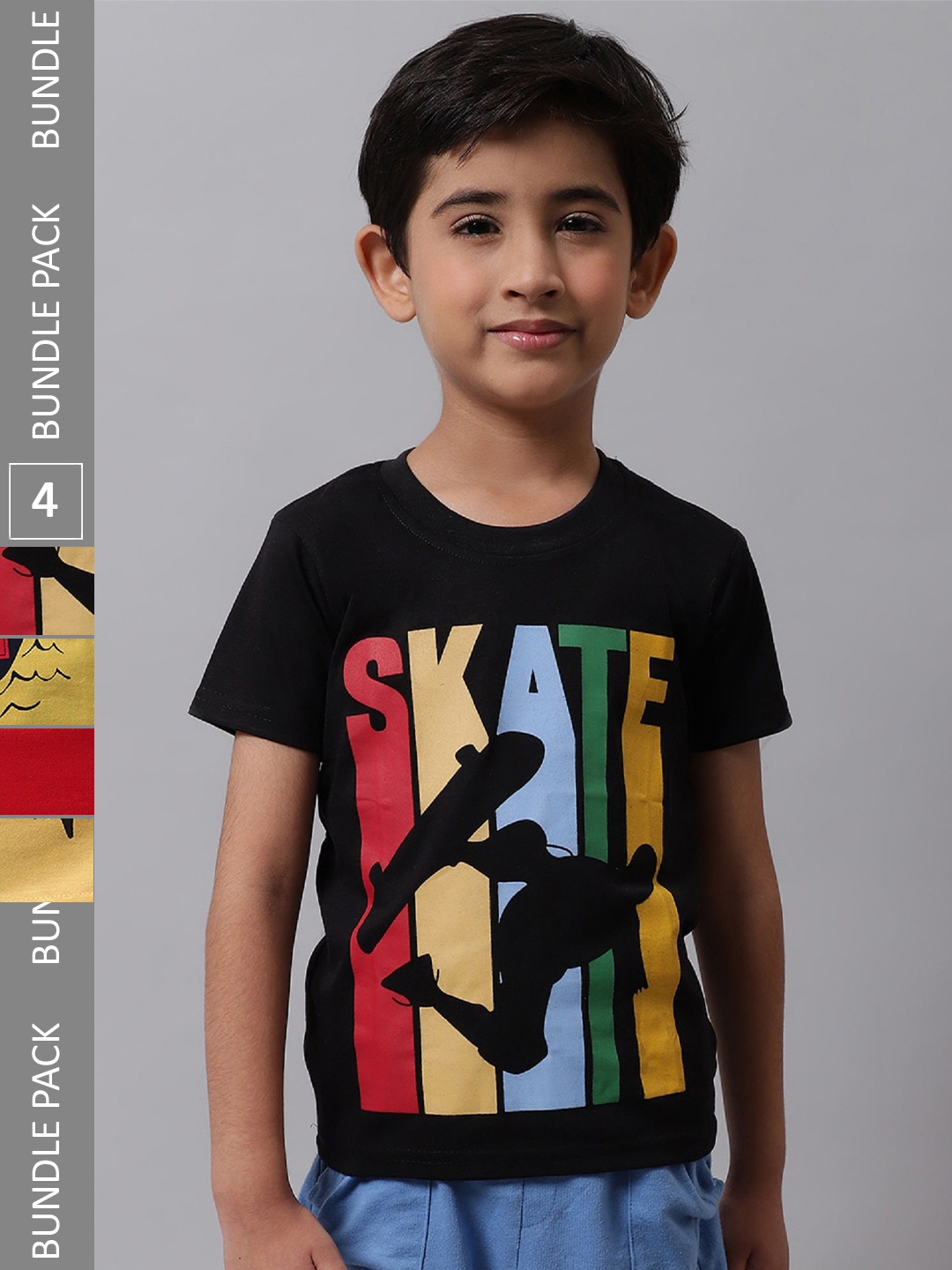 

BAESD Boys Pack Of 4 Printed Round Neck Cotton T-shirts, Black
