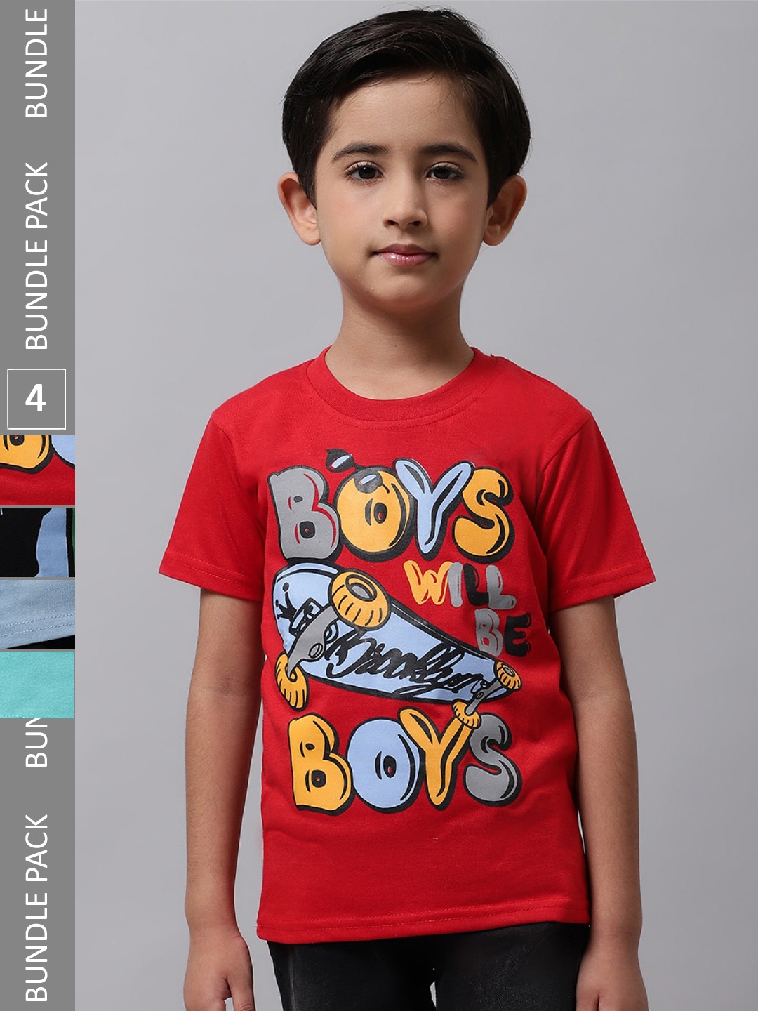 

BAESD Boys Pack Of 4 Printed Round Neck Cotton T-shirts, Red