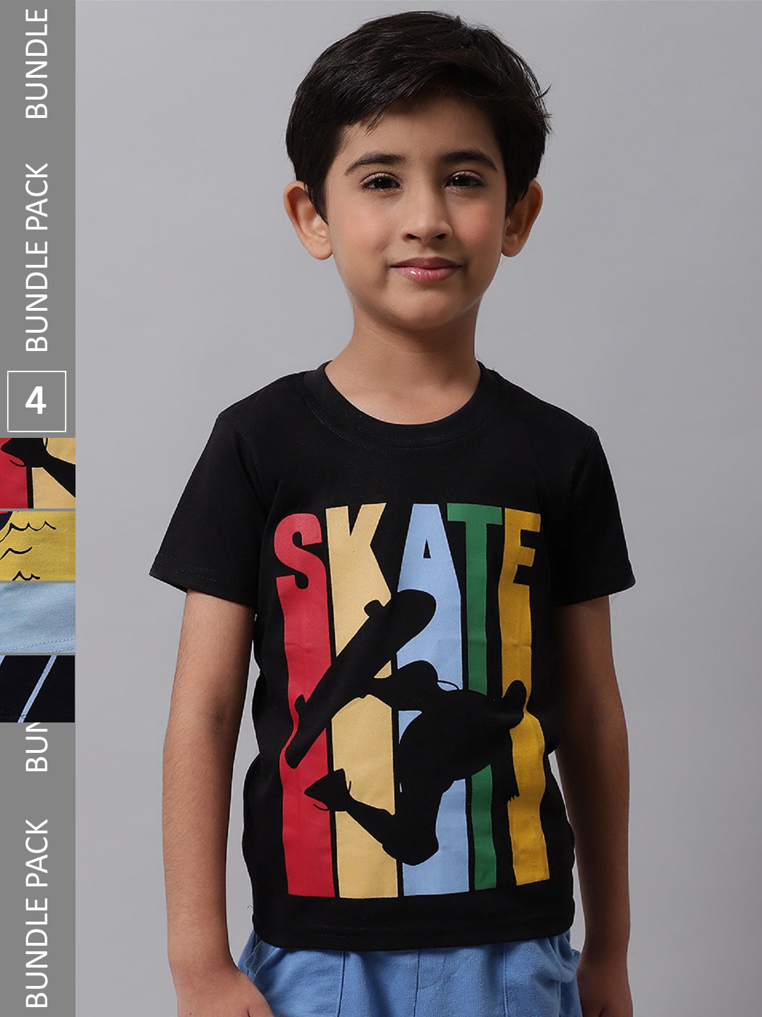 

BAESD Boys Pack Of 4 Printed Round Neck Cotton T-shirts, Black