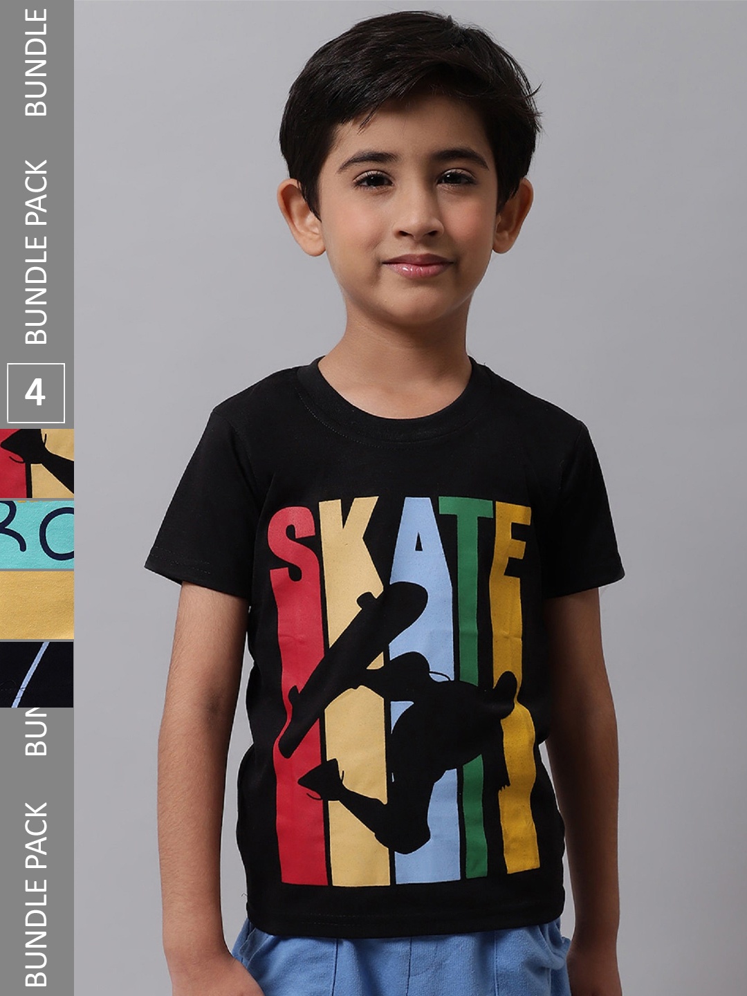 

BAESD Boys Pack Of 4 Printed Round Neck Cotton T-shirts, Black