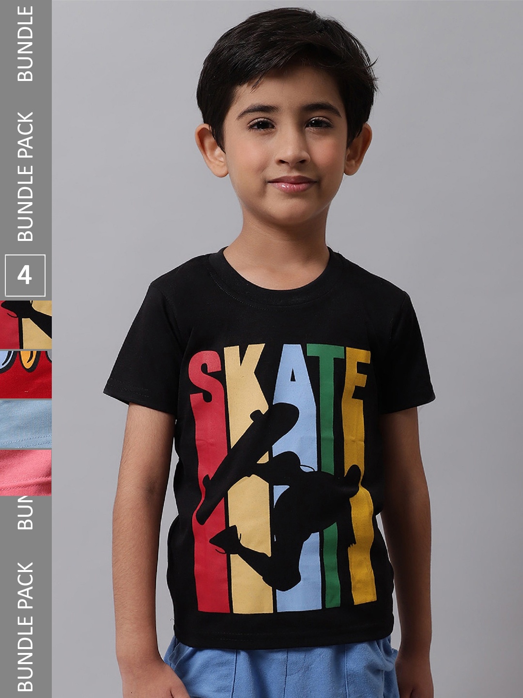 

BAESD Boys Pack Of 4 Printed Round Neck Cotton T-shirt, Black