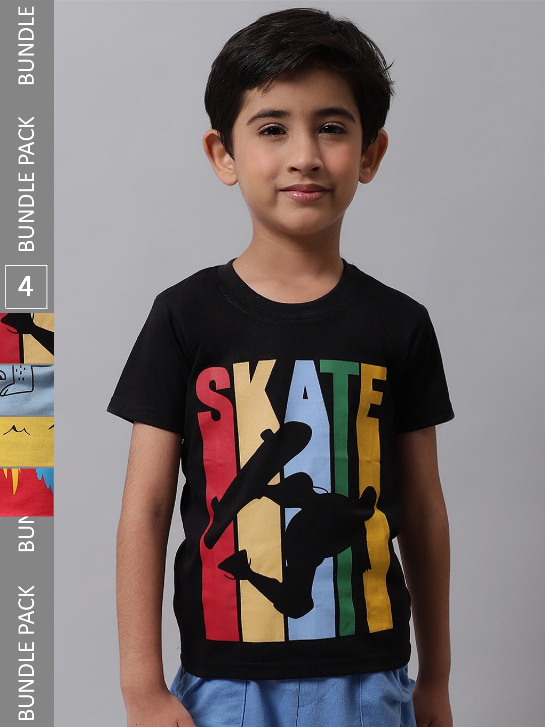 

BAESD Boys Pack Of 4 Printed Round Neck Cotton T-shirts, Black