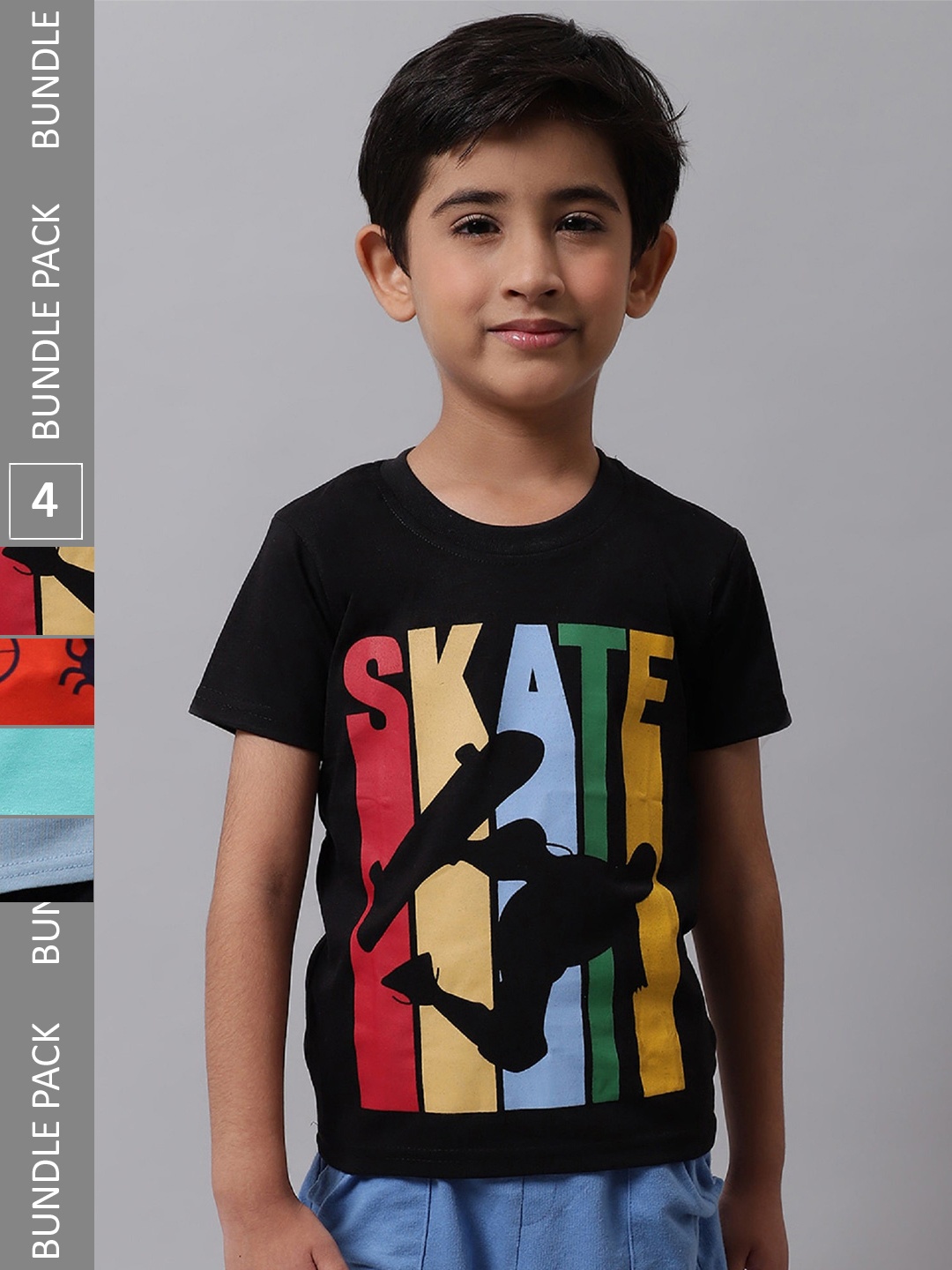 

BAESD Boys Pack Of 4 Typography Printed Cotton T-shirt, Black