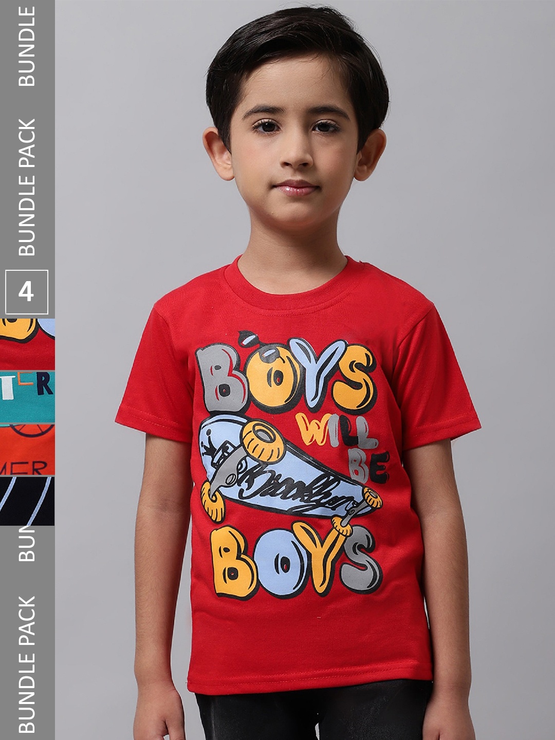

BAESD Boys Pack of 4 Graphic Printed Cotton T-shirt, Red