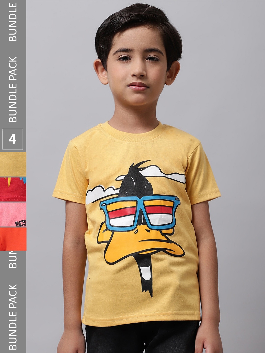 

BAESD Boys Pack Of 4 Looney Tones Graphic Printed Knitted Cotton T-Shirts, Yellow