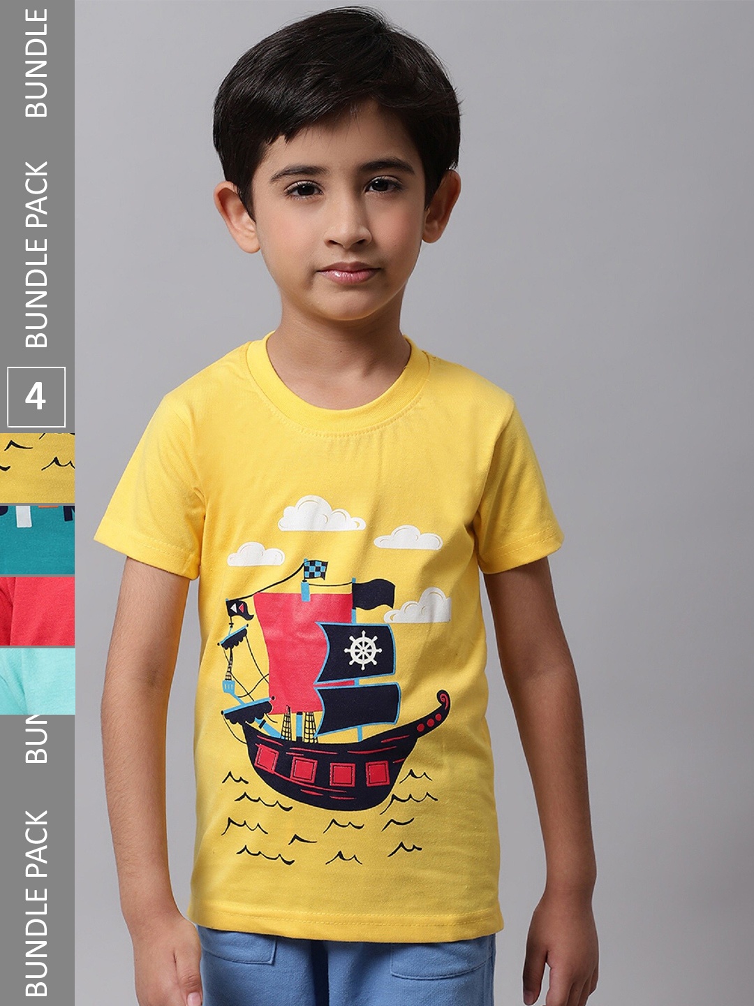 

BAESD Boys Pack Of 4 Printed Cotton T-Shirt, Yellow
