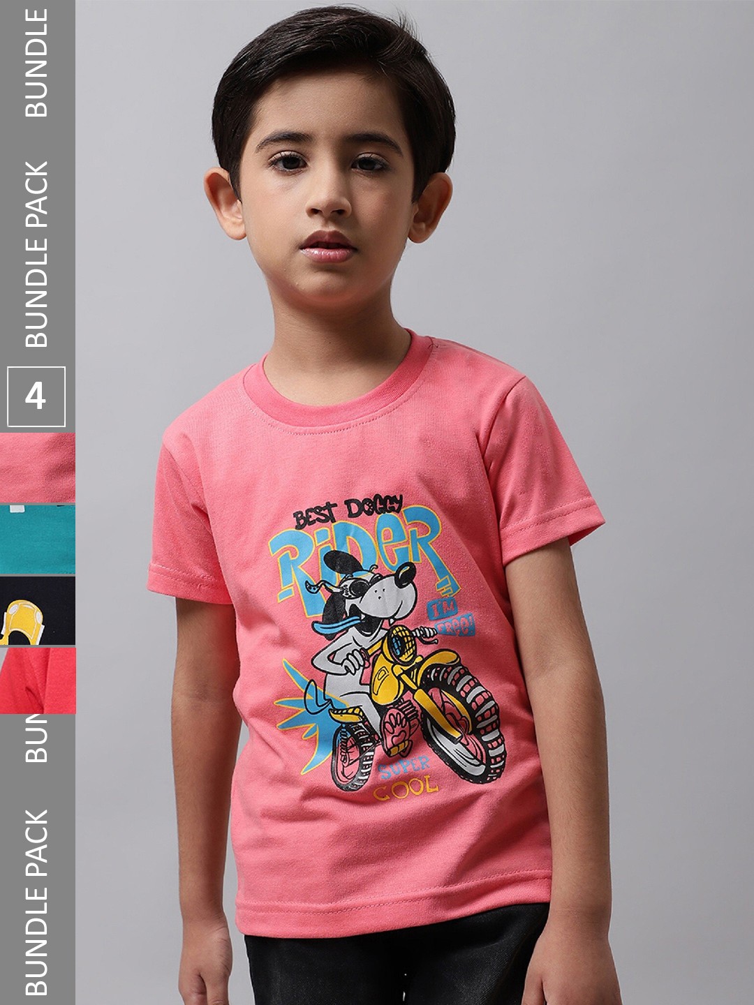 

BAESD Boys Pack Of 4 Typography Printed Cotton T-shirt, Pink