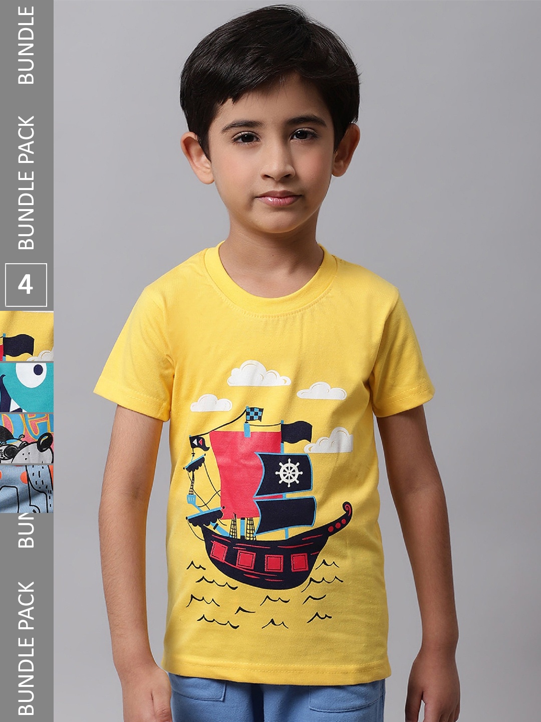 

BAESD Boys Pack Of 4 Graphic Printed Cotton T-shirts, Yellow
