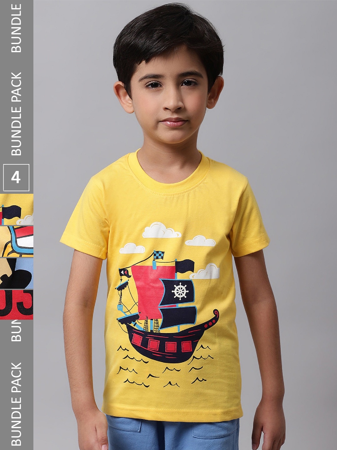 

BAESD Boys Pack Of 4 Graphic Printed Cotton T-shirts, Yellow