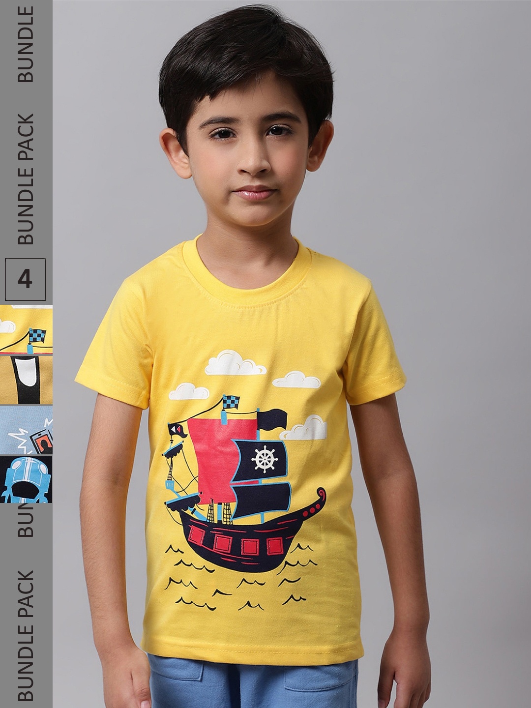 

BAESD Boys Pack Of 4 Graphic Printed Pure Cotton T-shirt, Yellow