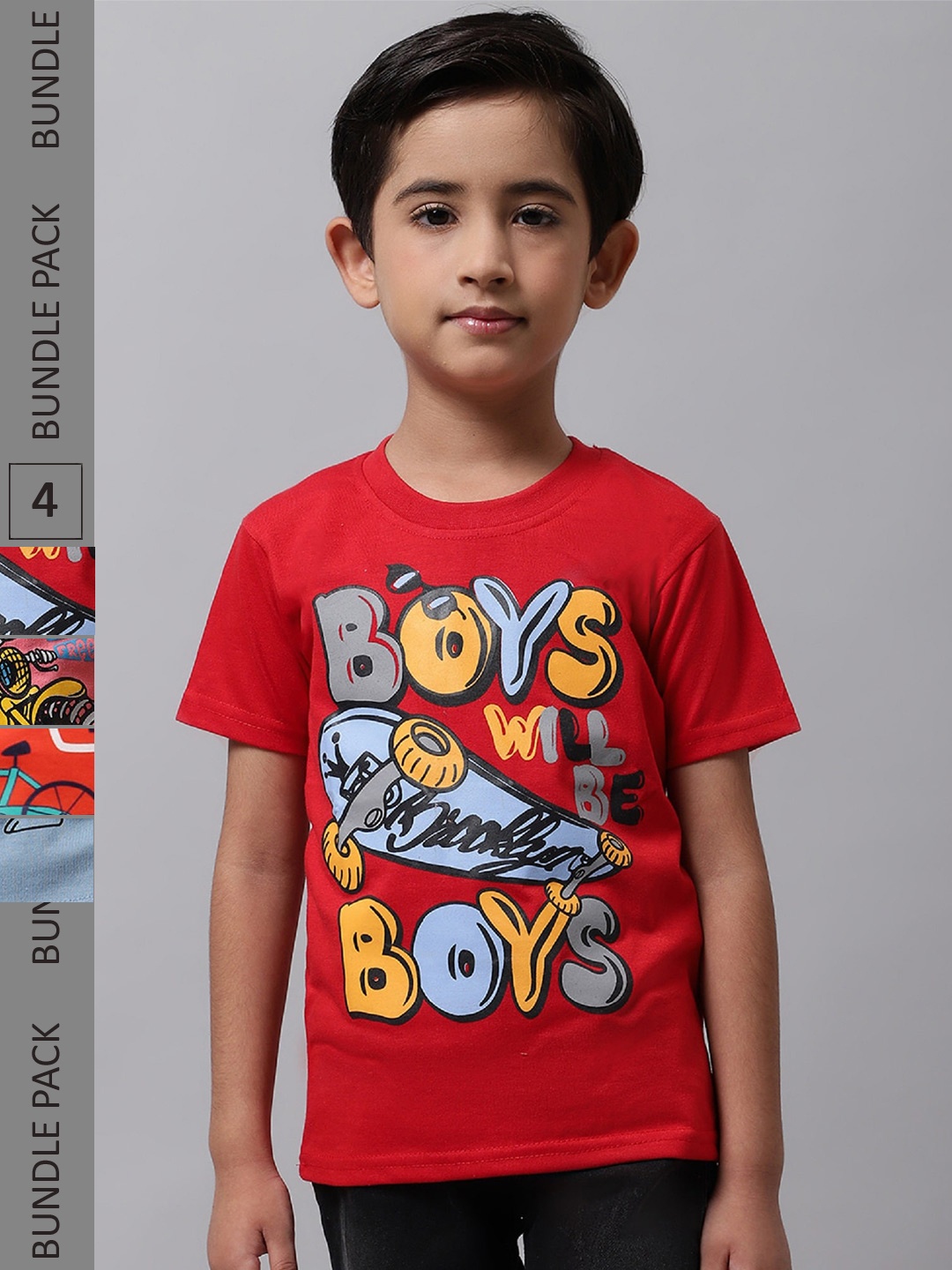 

BAESD Boys Pack Of 4 Graphic Printed Cotton T-shirts, Red