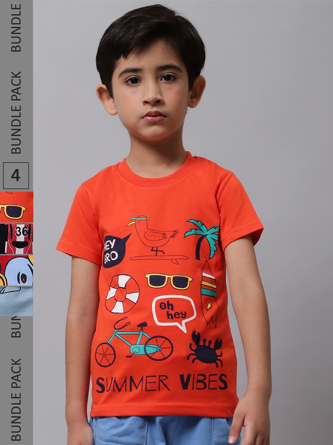 

BAESD Boys Pack Of 4 Printed Round Neck Cotton T-shirts, Orange