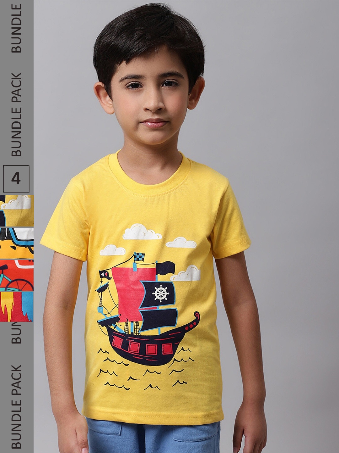 

BAESD Boys Pack Of 4 Printed Round Neck Cotton T-shirts, Yellow