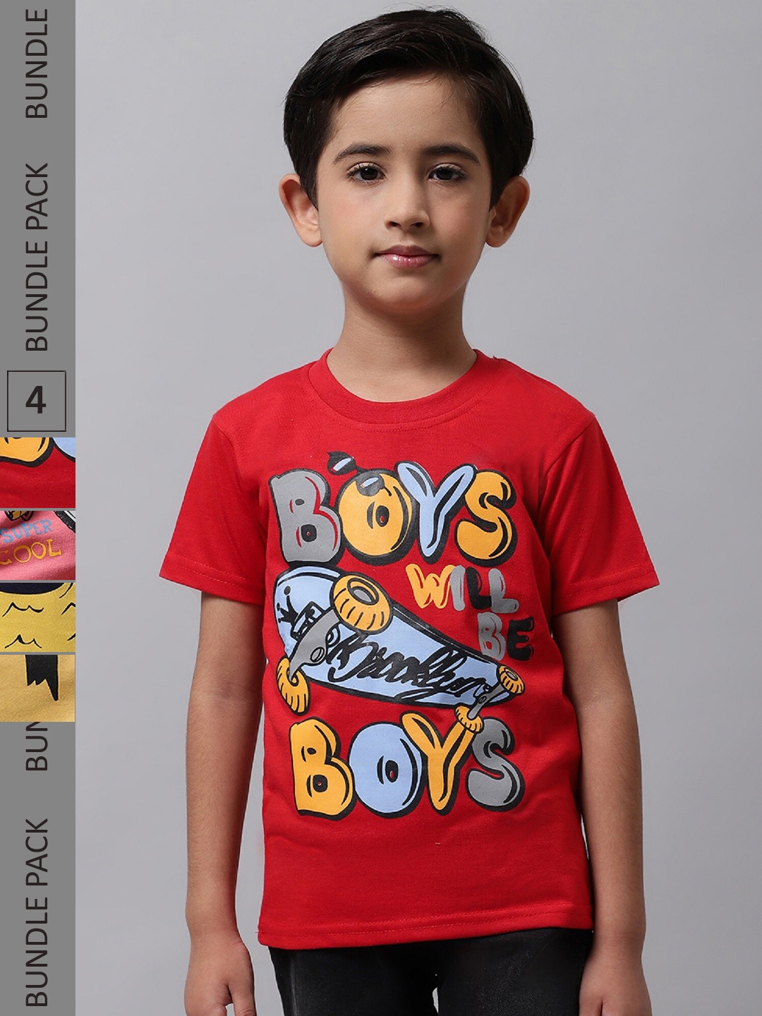 

BAESD Boys Pack of 4 Graphic Printed Cotton T-shirts, Red