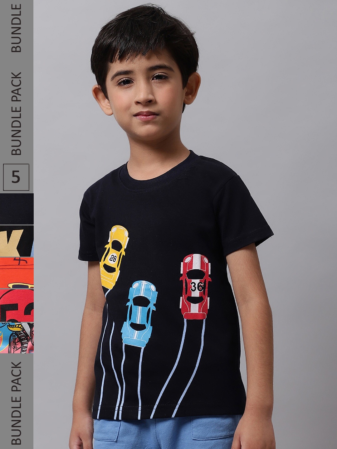 

BAESD Boys Pack Of 5 Graphic Printed Cotton T-shirt, Navy blue