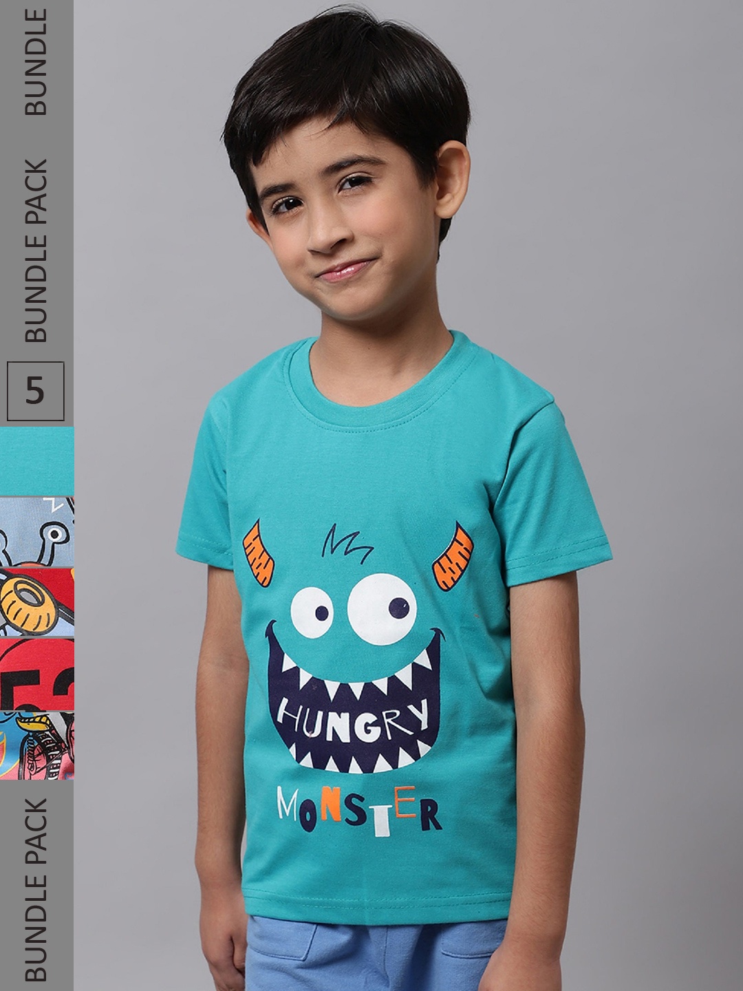 

BAESD Boys Pack Of 5 Graphic Printed Cotton T-shirts, Turquoise blue