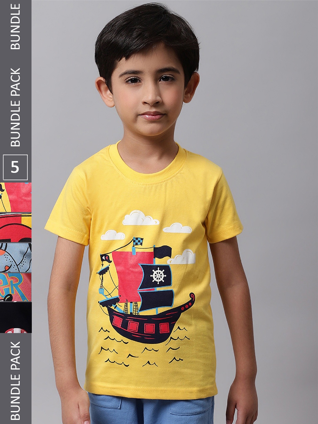

BAESD Boys Pack Of 5 Printed Cotton T-shirt, Yellow
