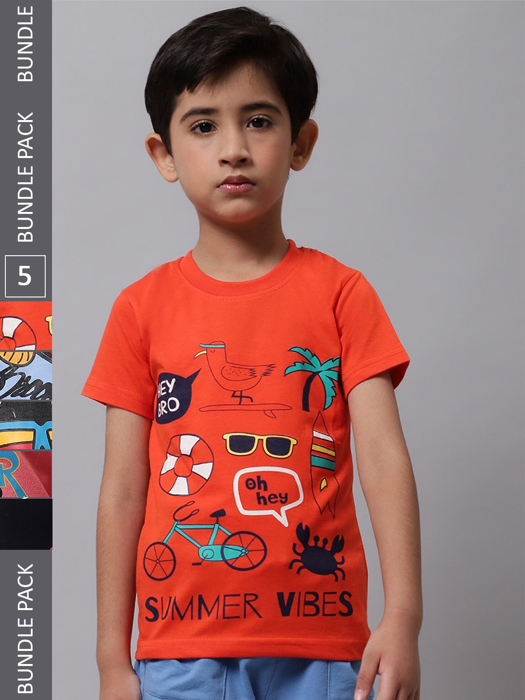 

BAESD Boys Pack of 5 Graphic Printed Cotton T-shirt, Orange