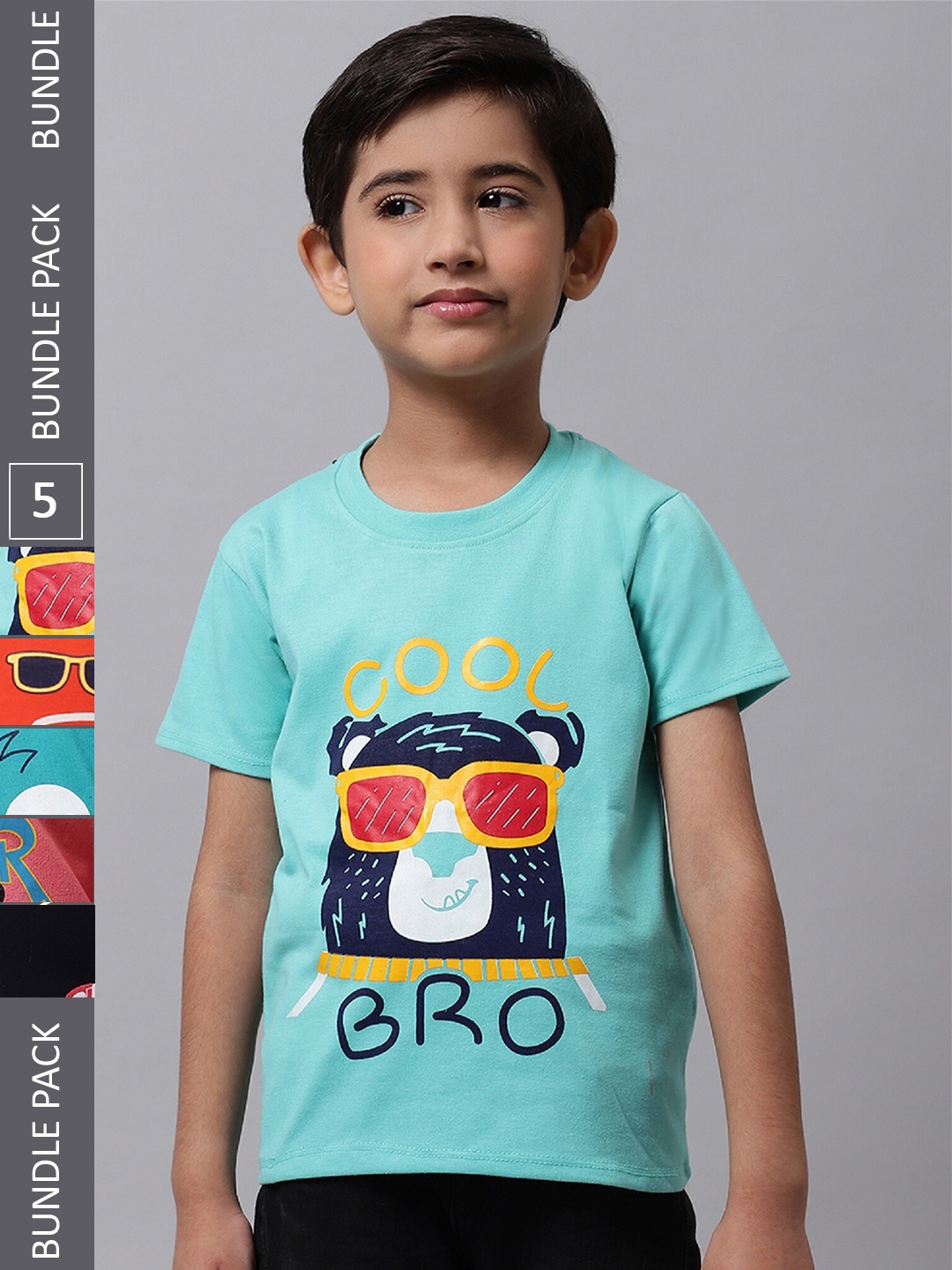 

BAESD Boys Pack Of 5 Graphic Printed Regular Fit Cotton Tshirt, Blue