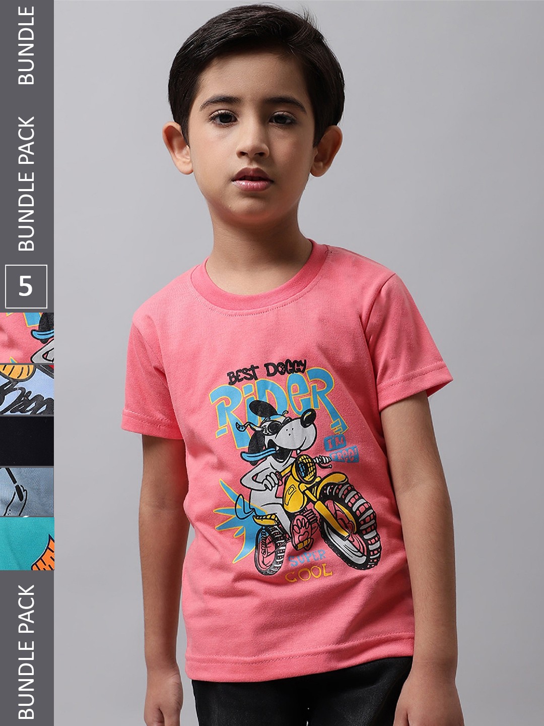 

BAESD Boys Pack Of 5 Graphic Printed Cotton T-shirt, Pink