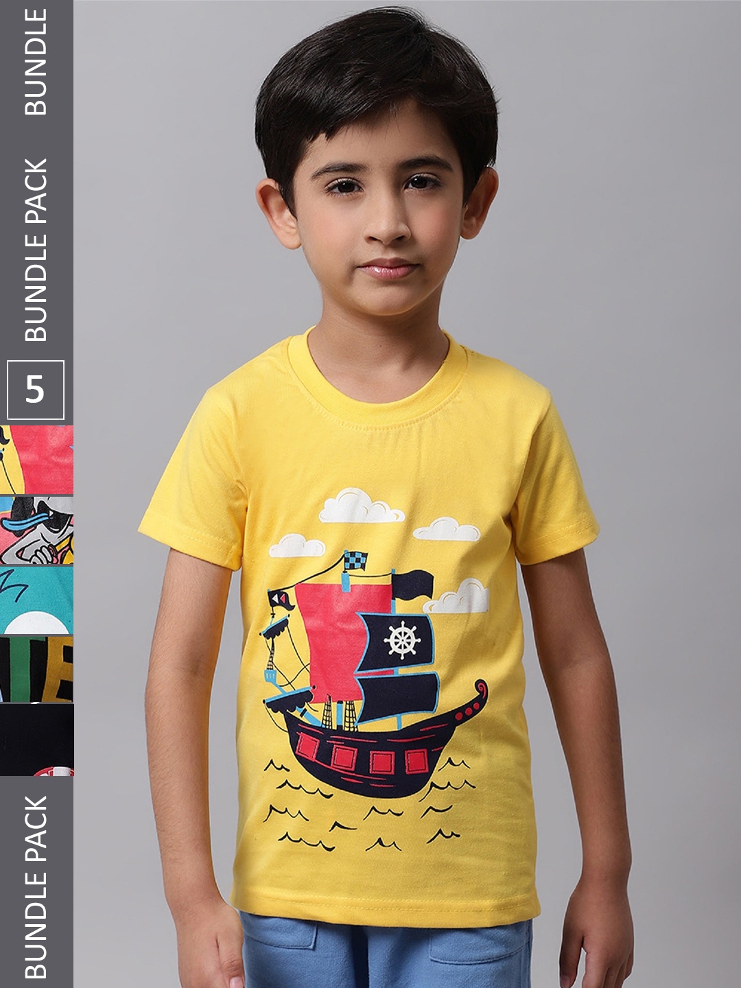 

BAESD Boys Pack Of 5 Graphic Printed Cotton T-shirt, Yellow