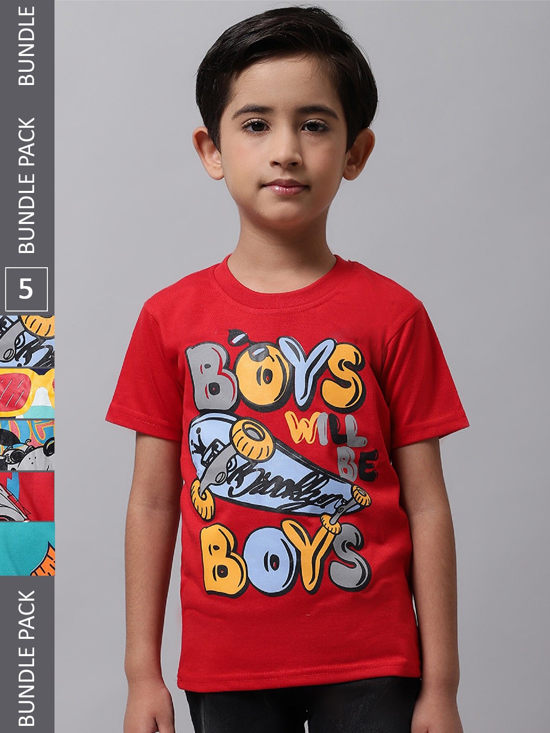 

BAESD Boys Pack Of 5 Graphic Printed Cotton T-Shirts, Red