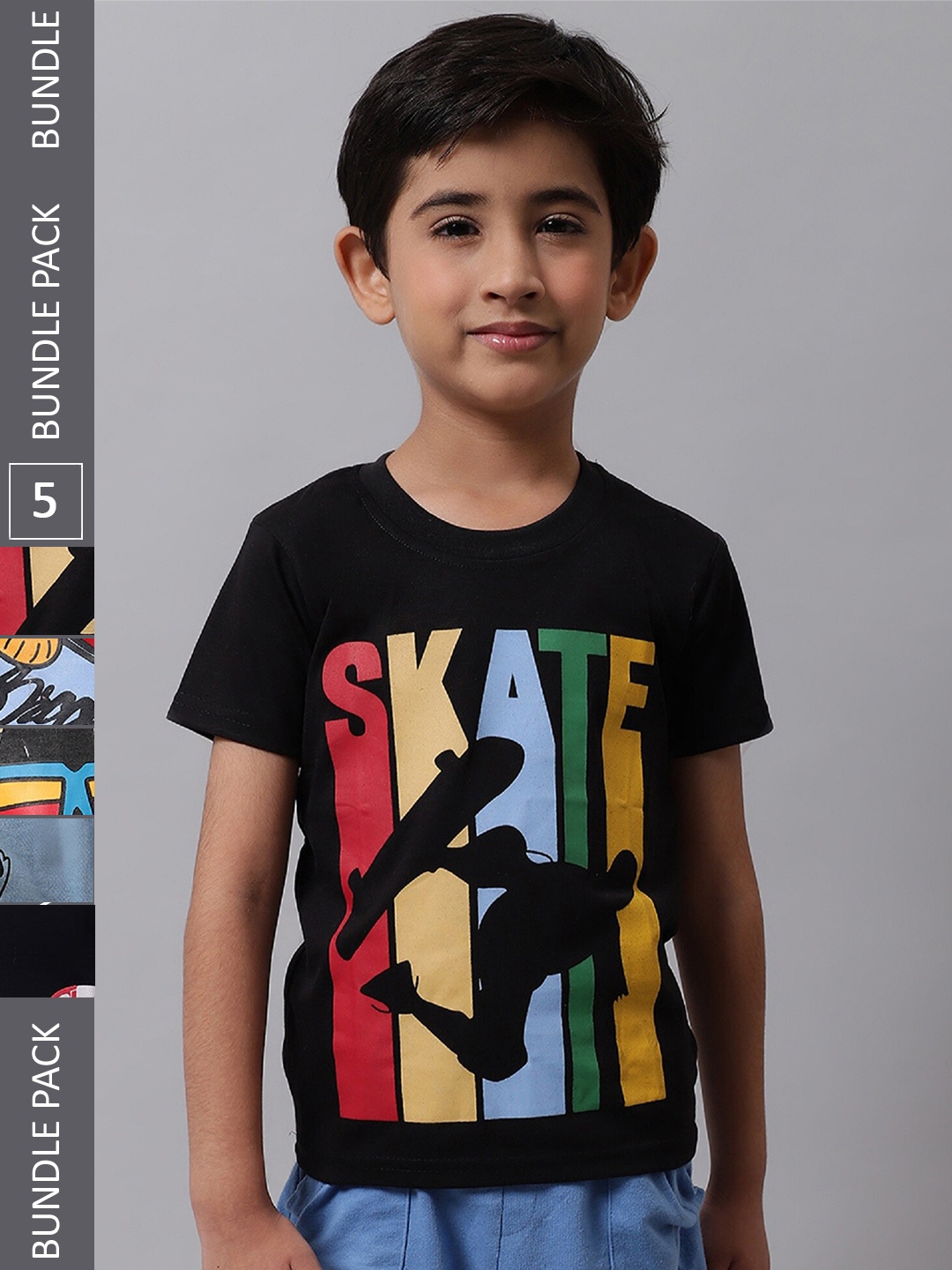 

BAESD Boys Pack Of 5 Graphic Printed Regular Fit Cotton Tshirt, Black