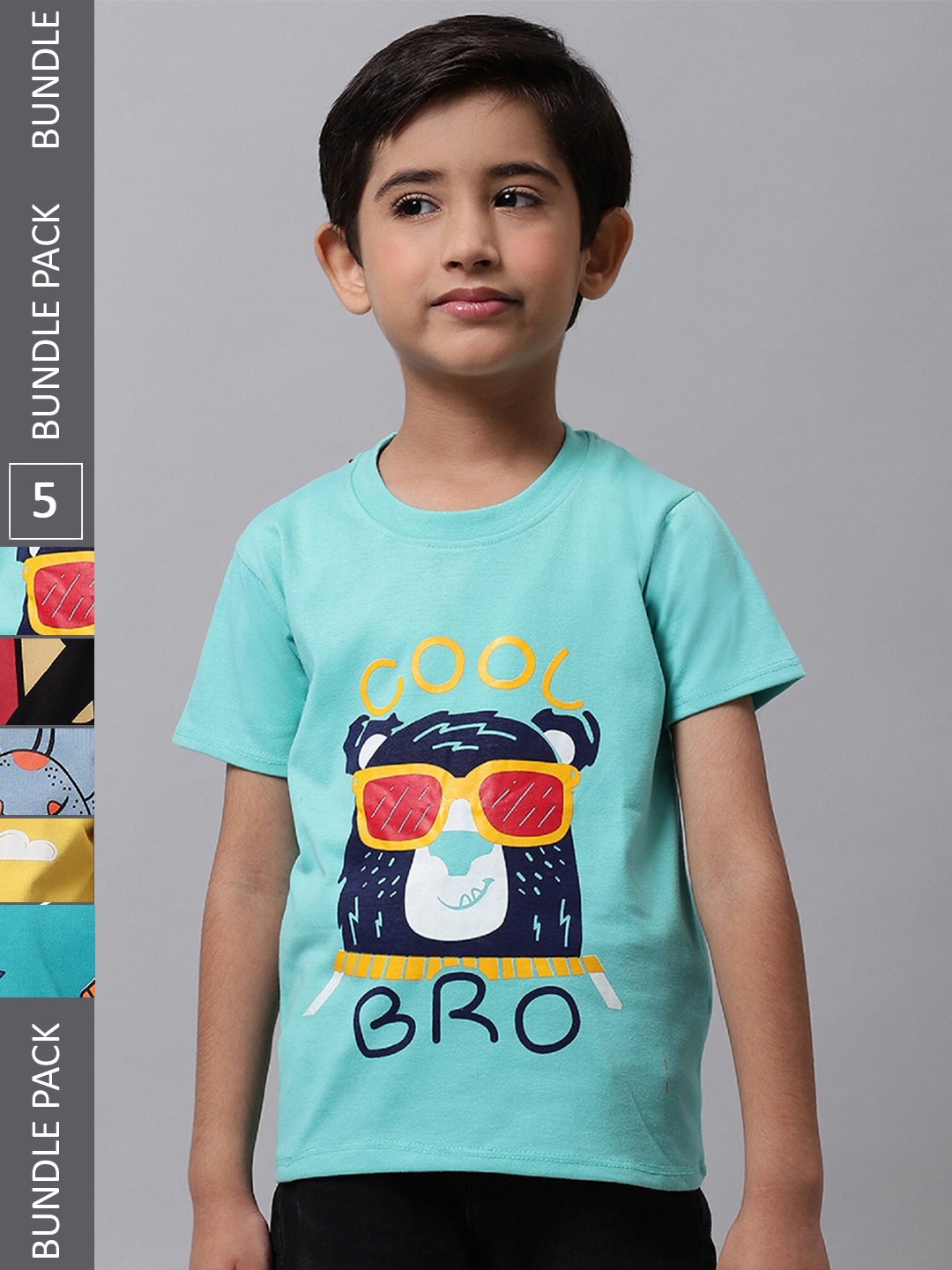 

BAESD Boys Pack Of 5 Graphic Printed Cotton T-shirts, Sea green