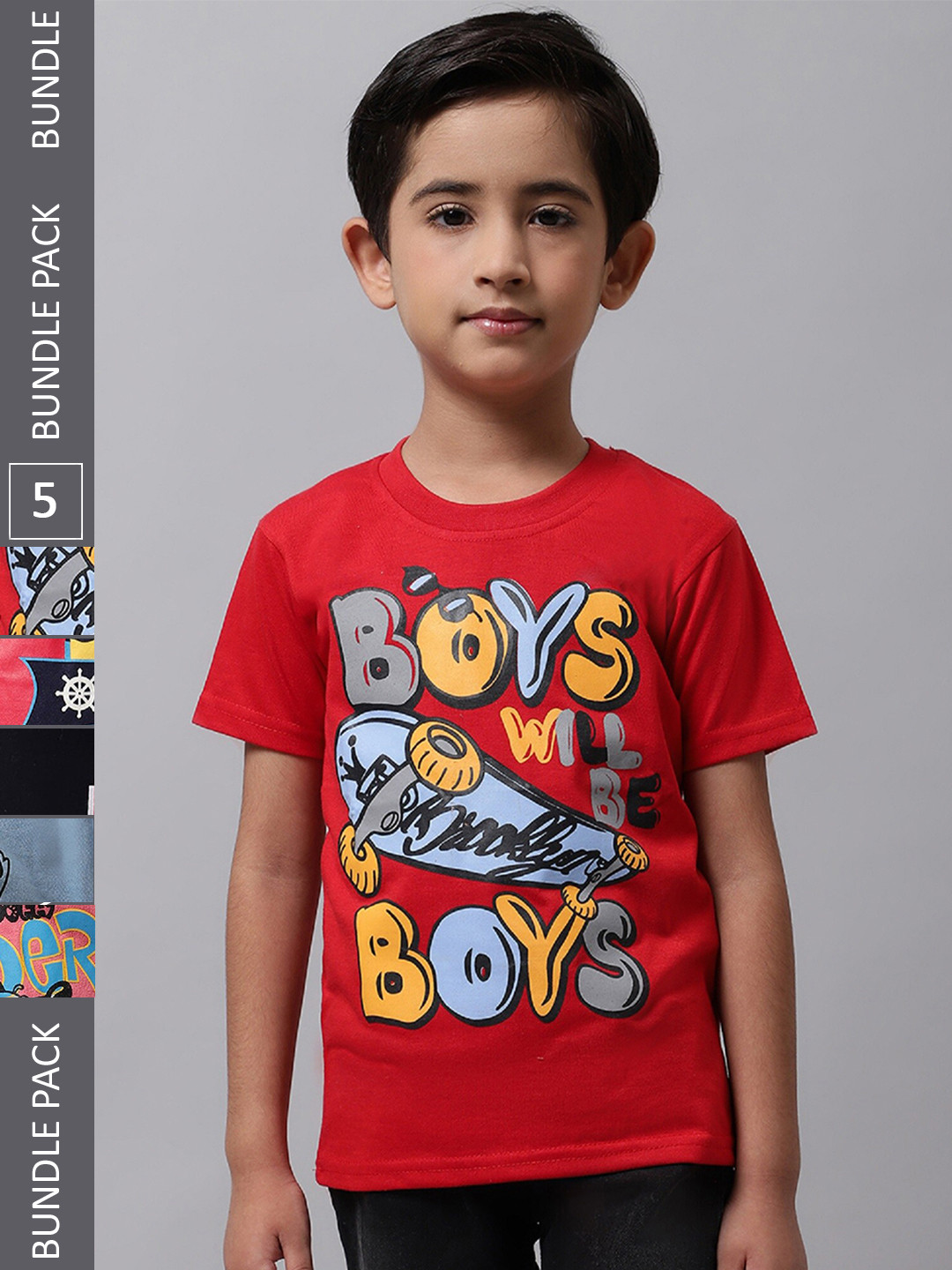 

BAESD Boys Pack of 5 Graphic Printed Cotton T-shirts, Red