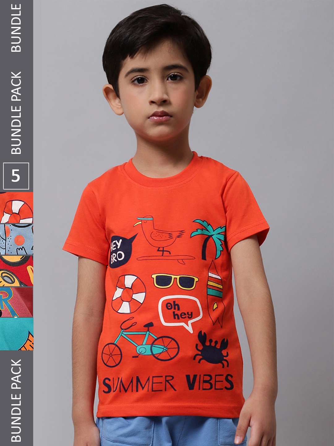 

BAESD Boys Pack Of 5 Graphic Printed Cotton T-shirt, Orange