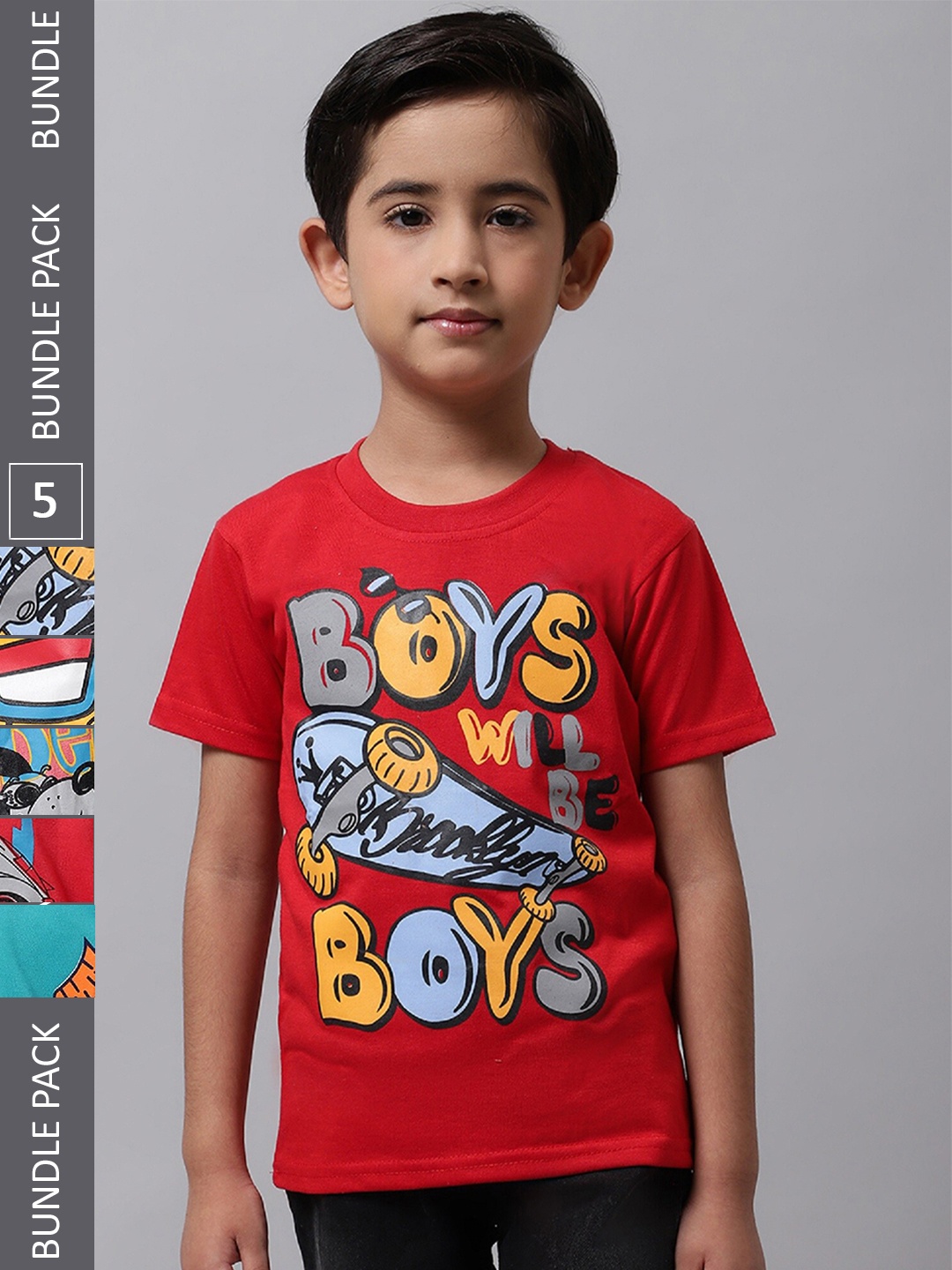 

BAESD Boys Pack Of 5 Graphic Printed Cotton T-shirts, Red