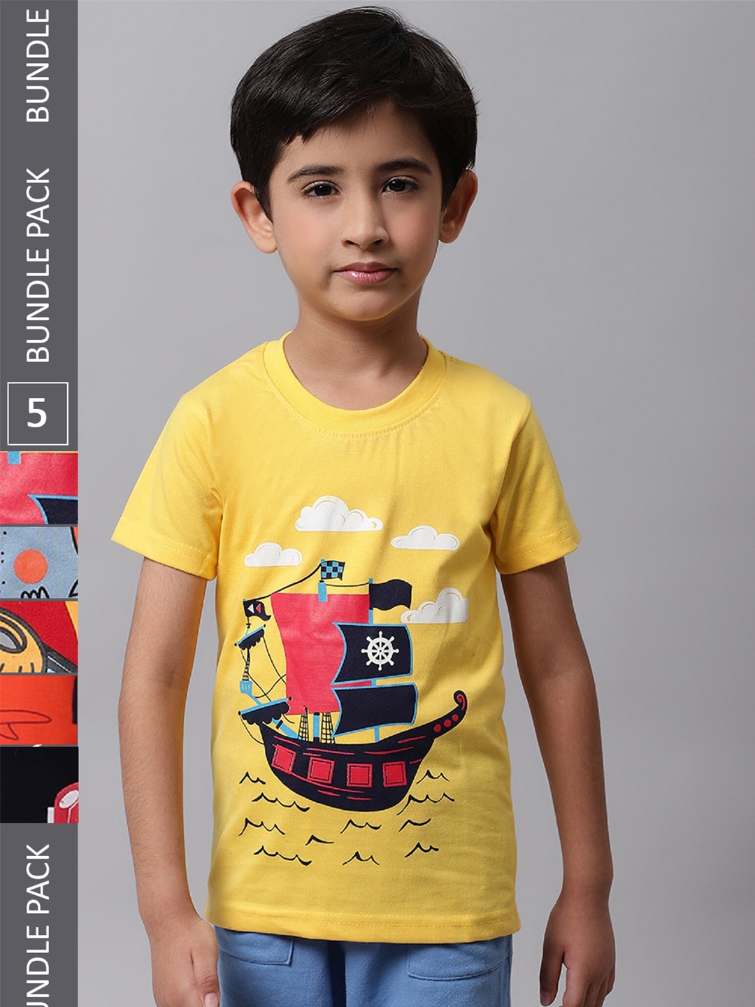 

BAESD Boys Pack Of 5 Graphic Printed Cotton T-shirts, Yellow