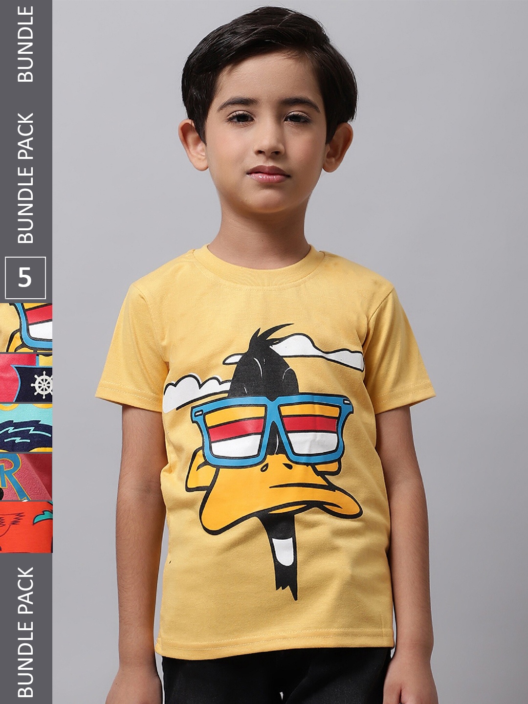 

BAESD Boys Pack Of 5 Graphic Printed Cotton T-shirt, Yellow