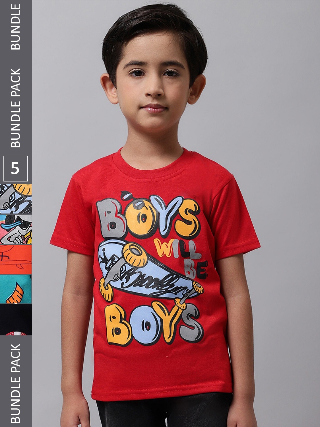 

BAESD Boys Pack Of 5 Printed Round Neck Cotton T-shirts, Red