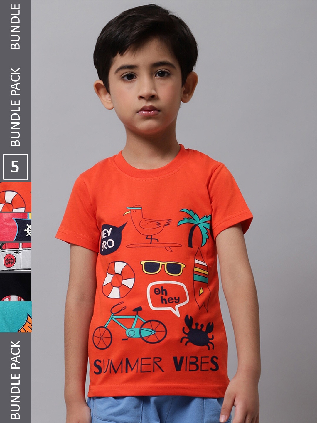 

BAESD Boys Pack Of 5 Graphic Printed Cotton T-shirts, Orange