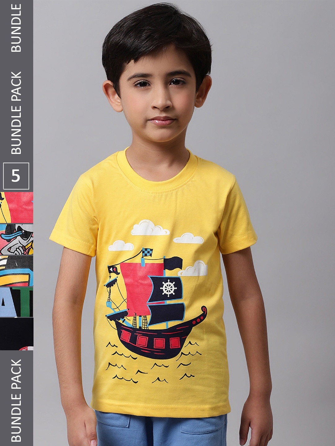 

BAESD Boys Pack Of 5 Graphic Printed Cotton T-shirt, Yellow