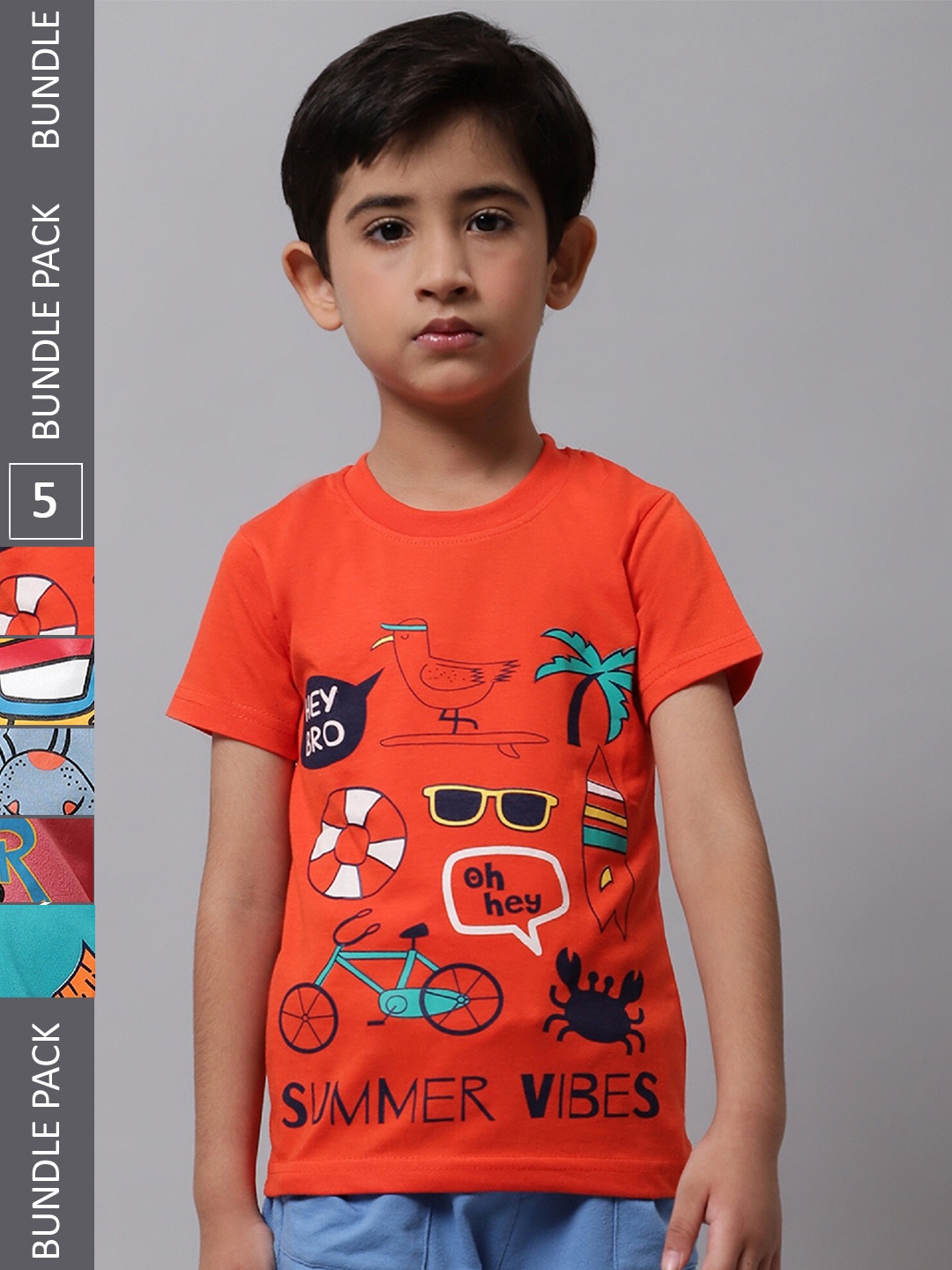 

BAESD Boys Pack Of 5 Graphic Printed Cotton T-shirt, Orange