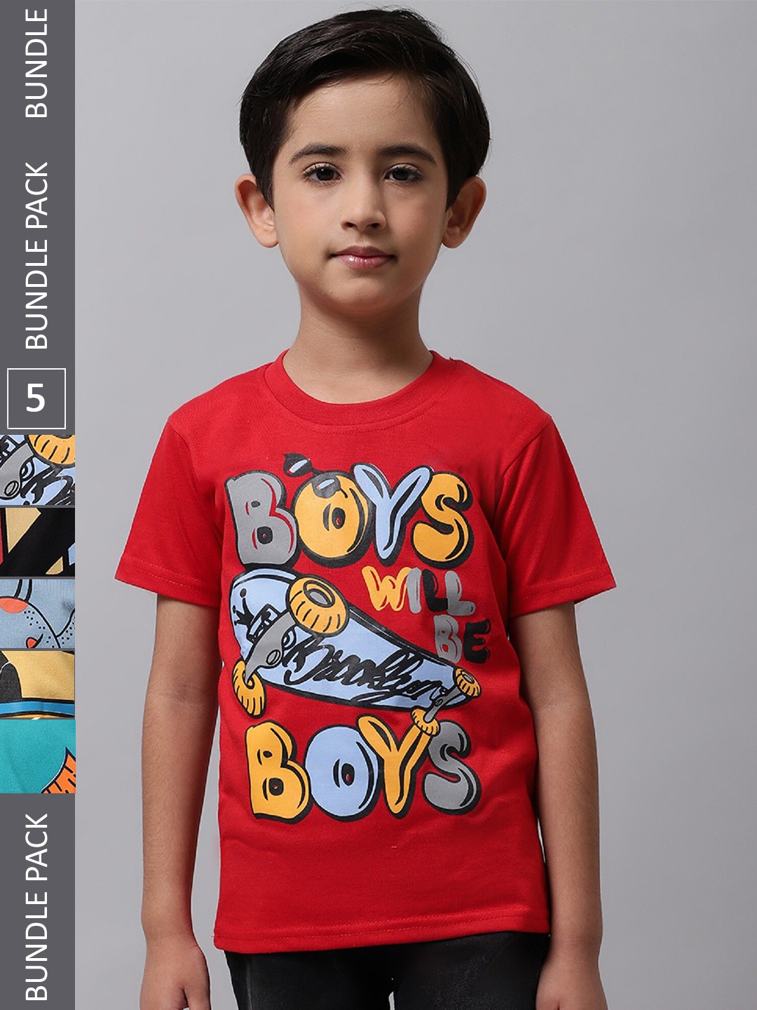 

BAESD Boys Pack Of 5 Graphic Printed Cotton T-Shirts, Red