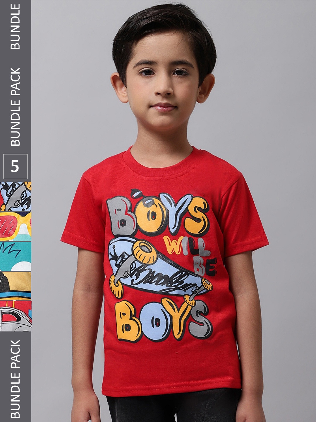 

BAESD Boys Pack Of 5 Typography Printed Cotton T-shirt, Red