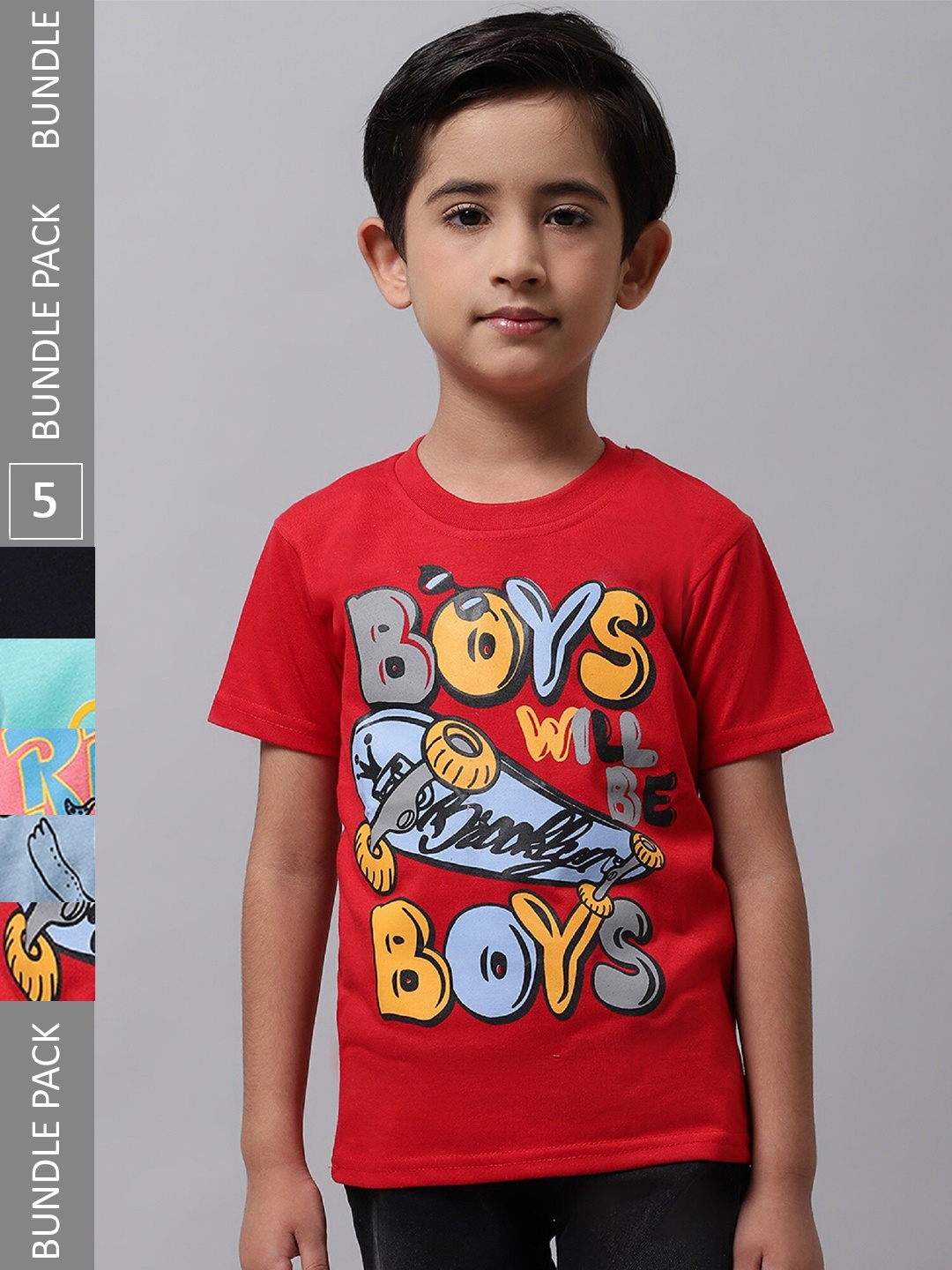 

BAESD Pack Of 5 Boys Typography Printed Round Neck Cotton T-Shirt, Red