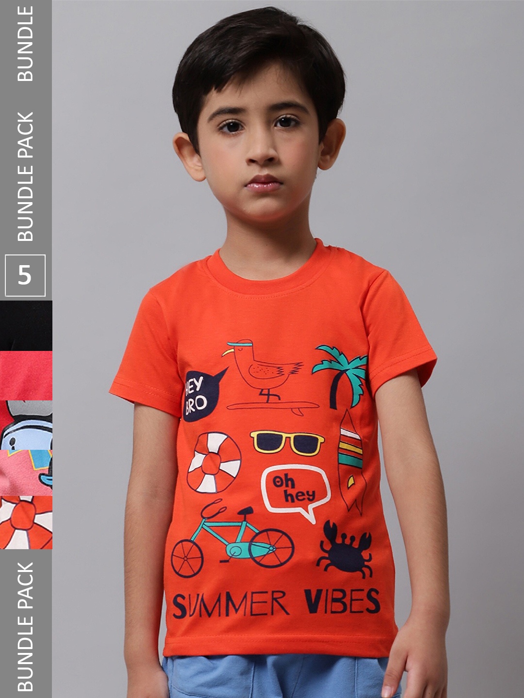 

BAESD Boys Pack Of 5 Graphic Printed Cotton T-shirts, Orange
