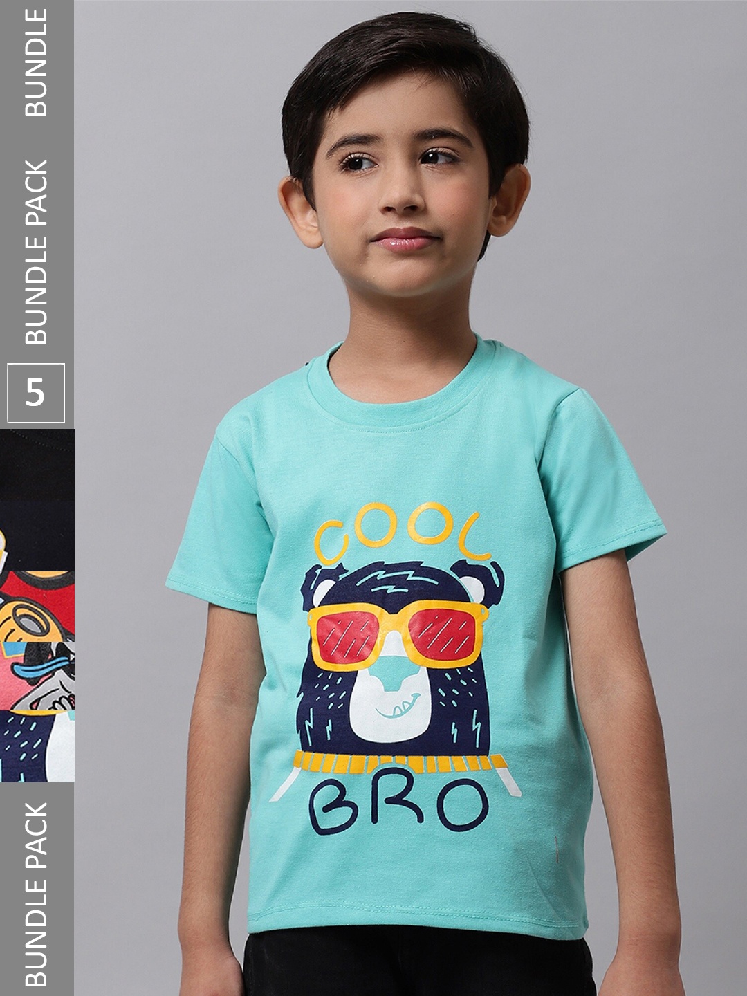 

BAESD Boys Boys Pack Of 5 Graphic Printed Round Neck Cotton T-Shirts, Green